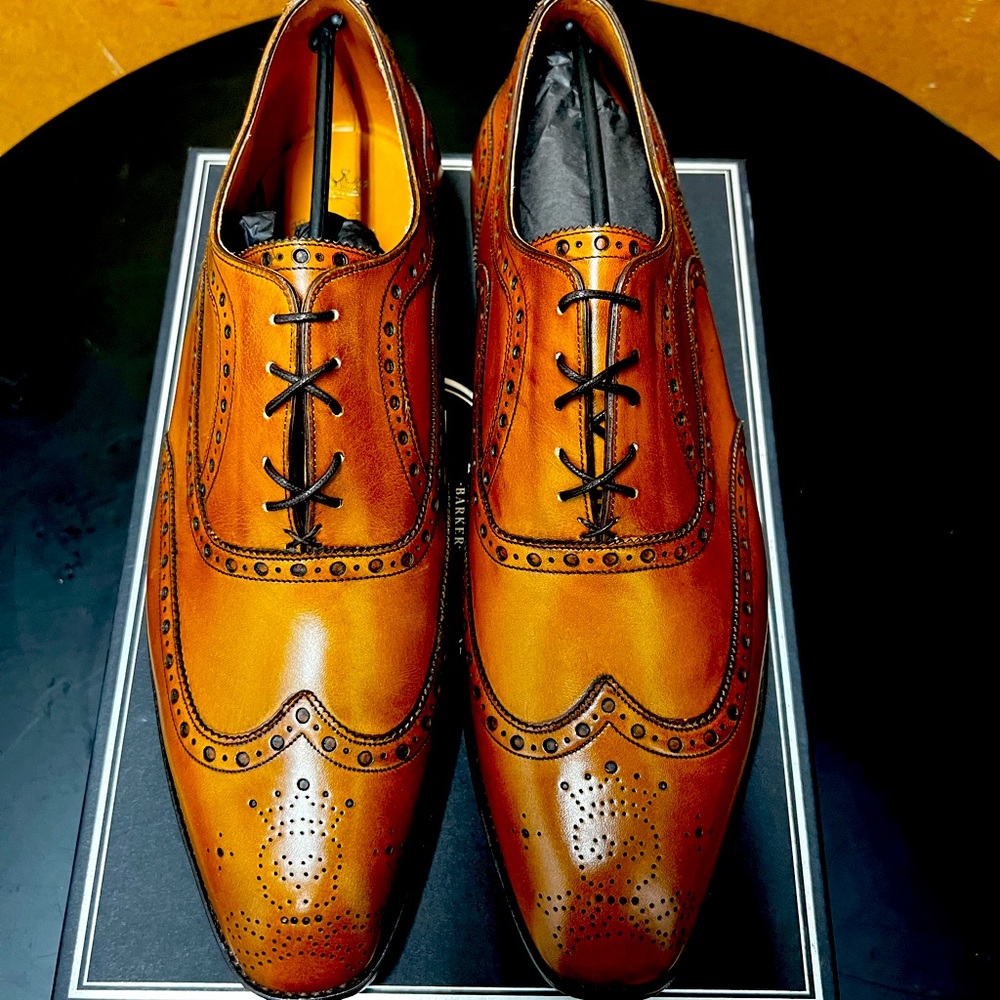 Barker Black Archdale Wingtip. Custom size 14D. Antique Chestnut Calf.